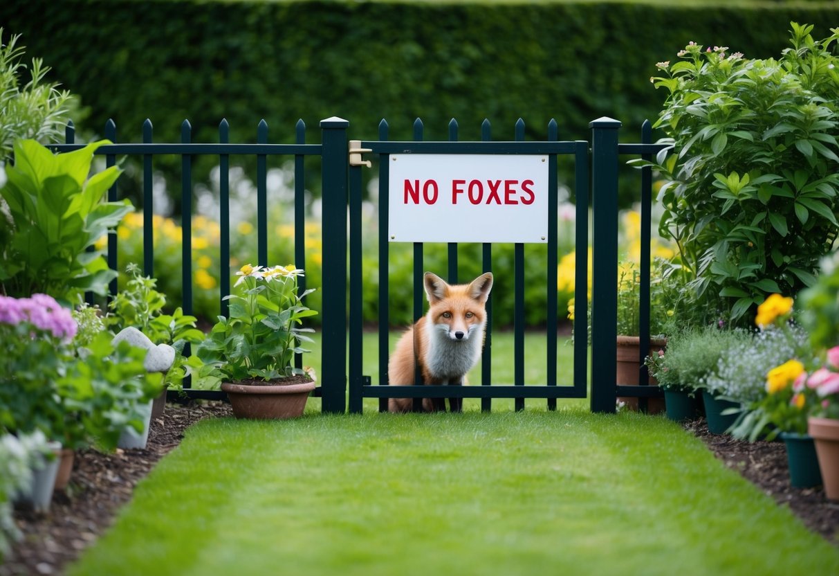 A lush garden with neatly arranged plants and flowers, surrounded by a tall fence with a "No Foxes" sign. A fox peers in from the outside, looking mischievous