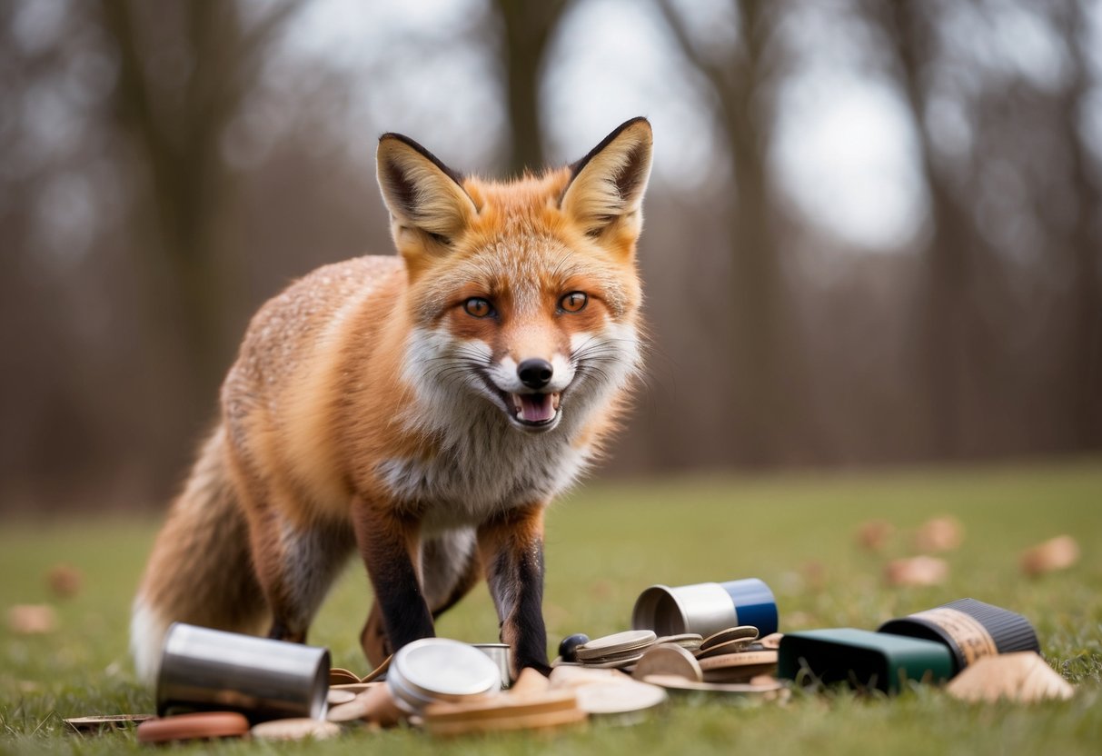 A fox playing with scattered items, grinning mischievously