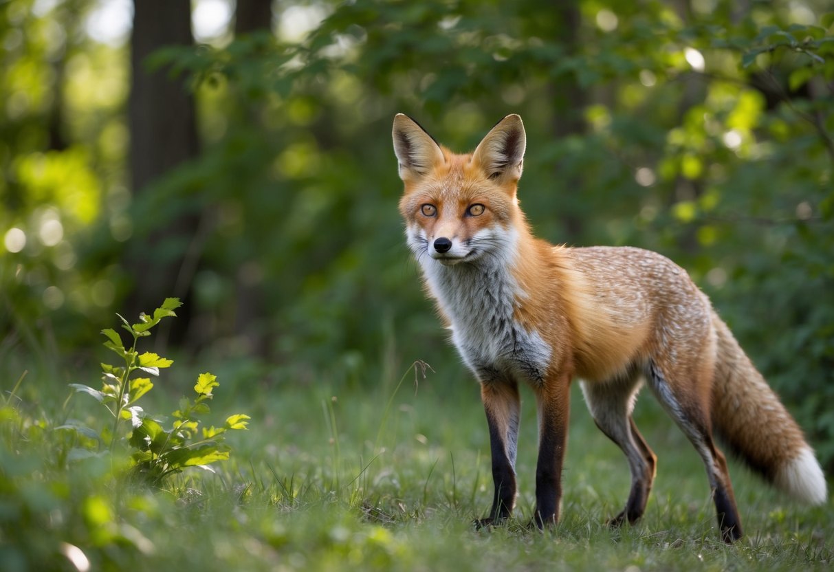 A fox stands alert in a forest clearing, its golden eyes locked onto the viewer. The surrounding foliage is dappled with sunlight