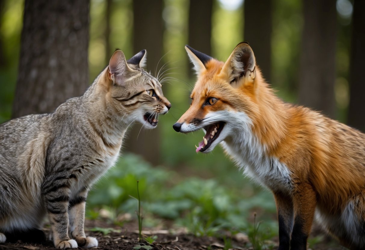 A cat and a fox face off in a wooded area, the cat hissing and the fox baring its teeth