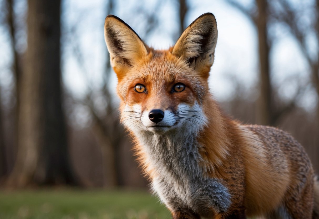 A fox standing alert, ears perked, staring directly at the viewer with a cautious expression
