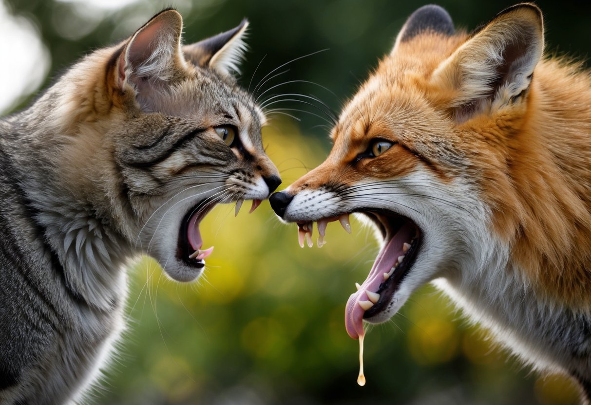 A cat and a fox face each other, their teeth bared in a threatening manner. The cat's fur is raised as it hisses, while the fox snarls, saliva dripping from its mouth