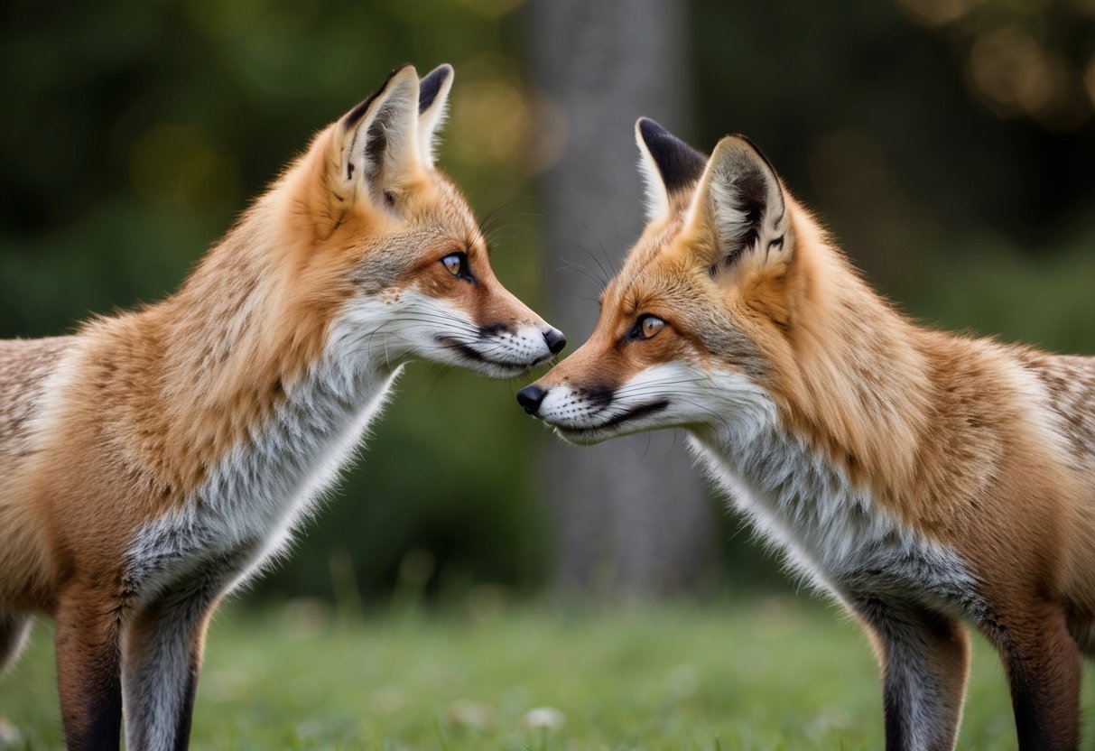 A fox locking eyes with a wary observer, ears perked and body tense, while another fox looks away, relaxed and nonchalant