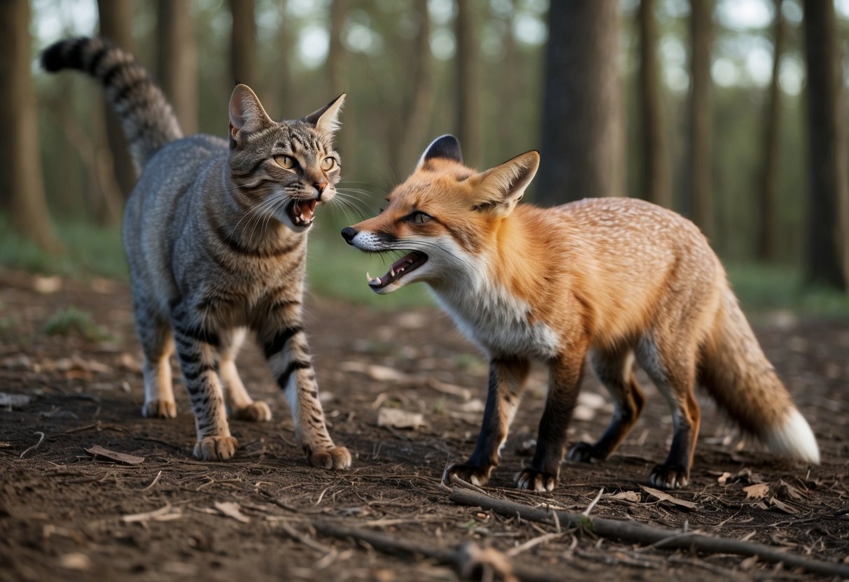 A cat encounters a fox in a wooded area, showing signs of aggression and fear. The cat's fur is raised, and it is hissing and baring its teeth