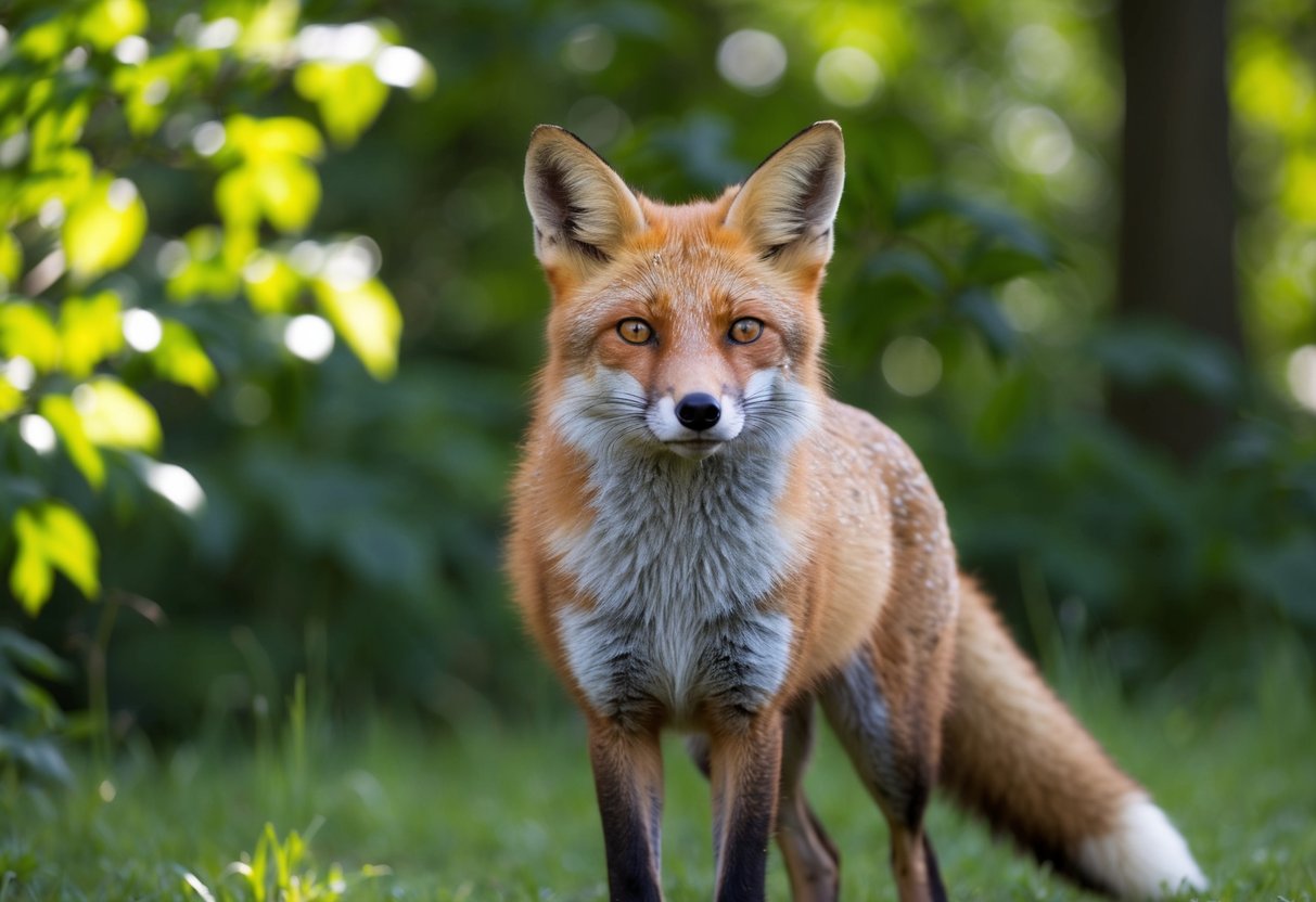 A fox stands in a clearing, its gaze locked with the viewer's. The forest around it is lush and vibrant, with dappled sunlight filtering through the leaves