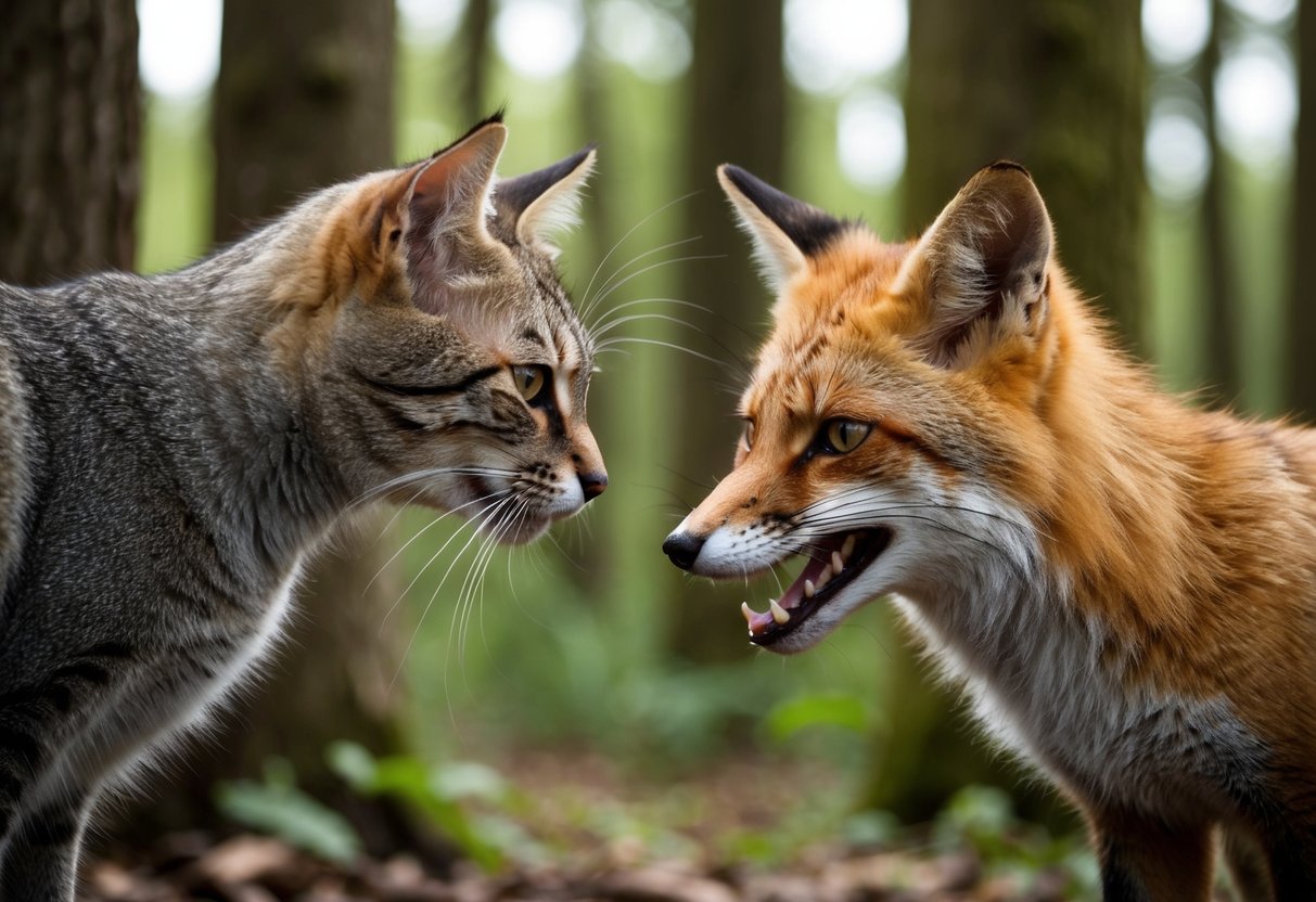 A cat and a fox face off in a wooded area, their eyes locked in a tense stare. The cat's fur is raised, and the fox bares its teeth, both animals ready to defend themselves