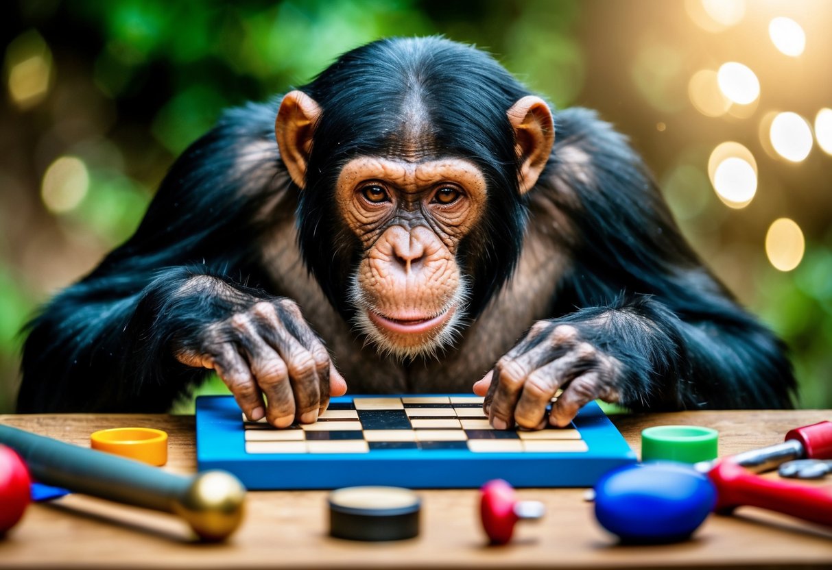 A chimpanzee solving a complex puzzle, surrounded by various objects and tools