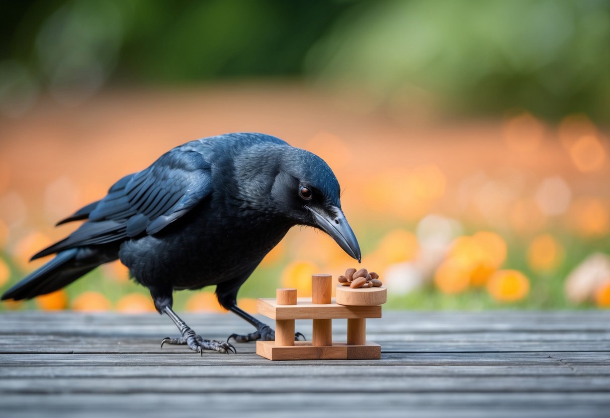 A crow solving a complex puzzle to retrieve food