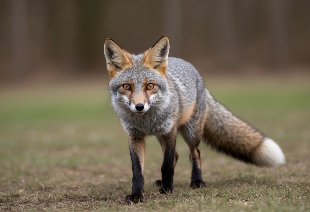 A grey fox cautiously approaches, ears perked, eyes alert, and tail low