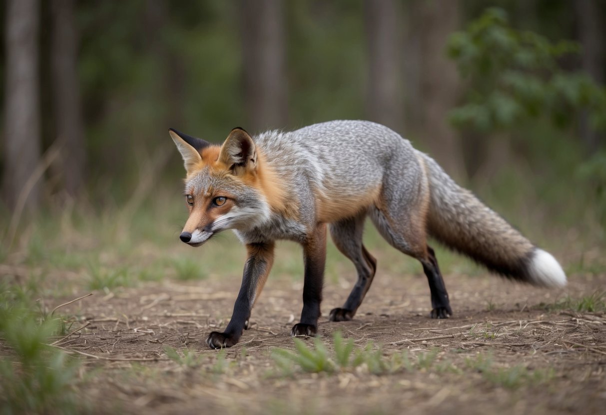 A grey fox cautiously approaches a forest clearing, ears alert and tail low. It pauses, sniffing the air, before darting off into the underbrush