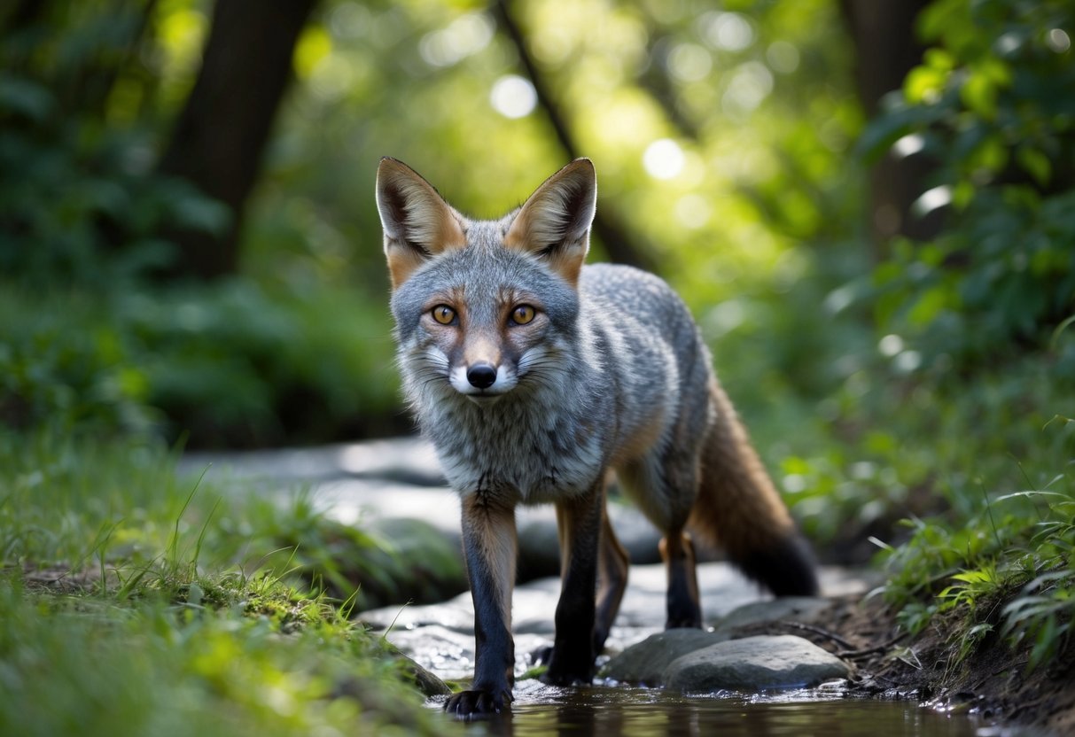A grey fox cautiously approaches a small stream, its ears perked and eyes focused ahead. The surrounding forest is lush and vibrant, with dappled sunlight filtering through the canopy