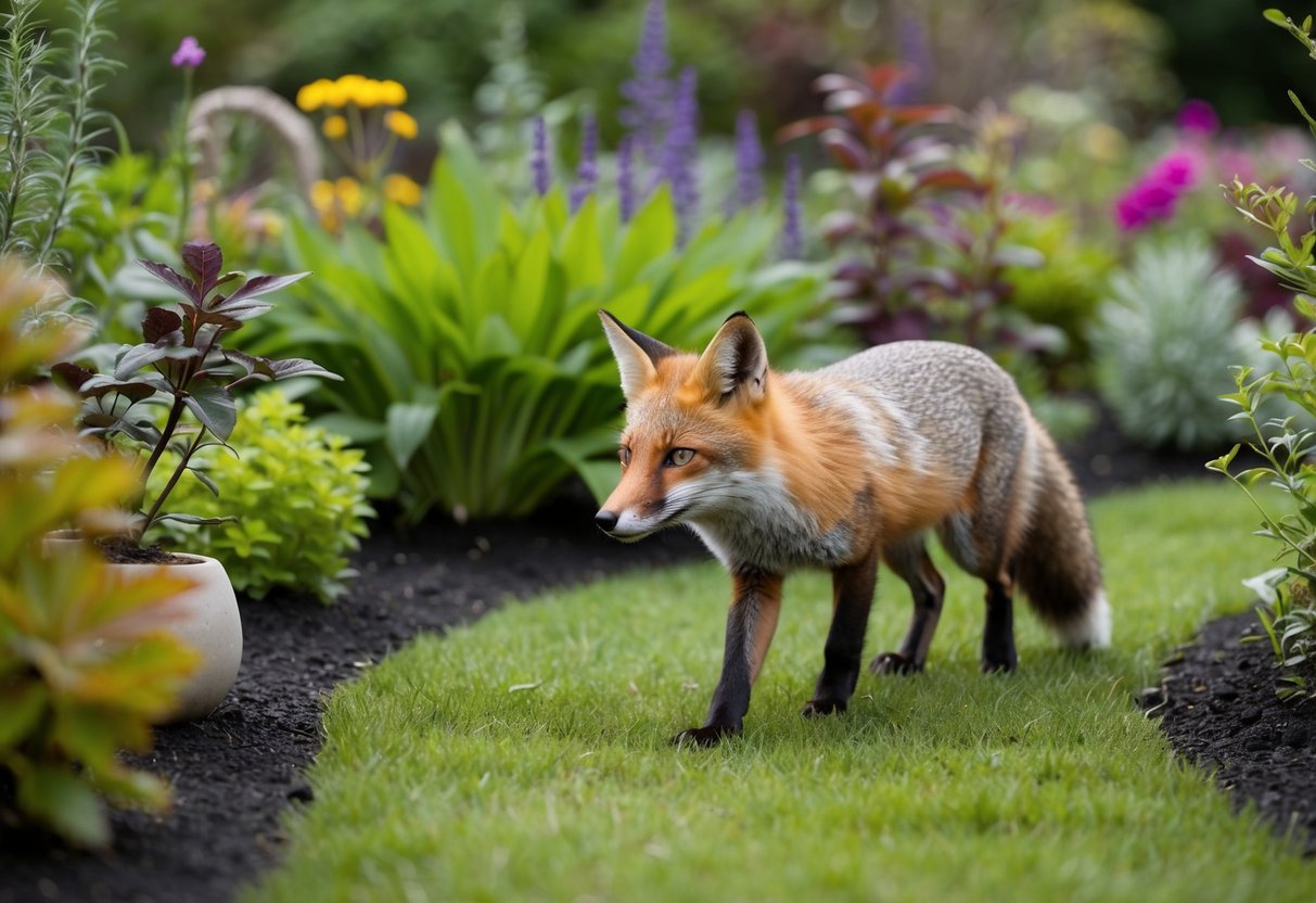 A grey fox cautiously approaches a peaceful coexistence garden, surrounded by diverse plants and wildlife