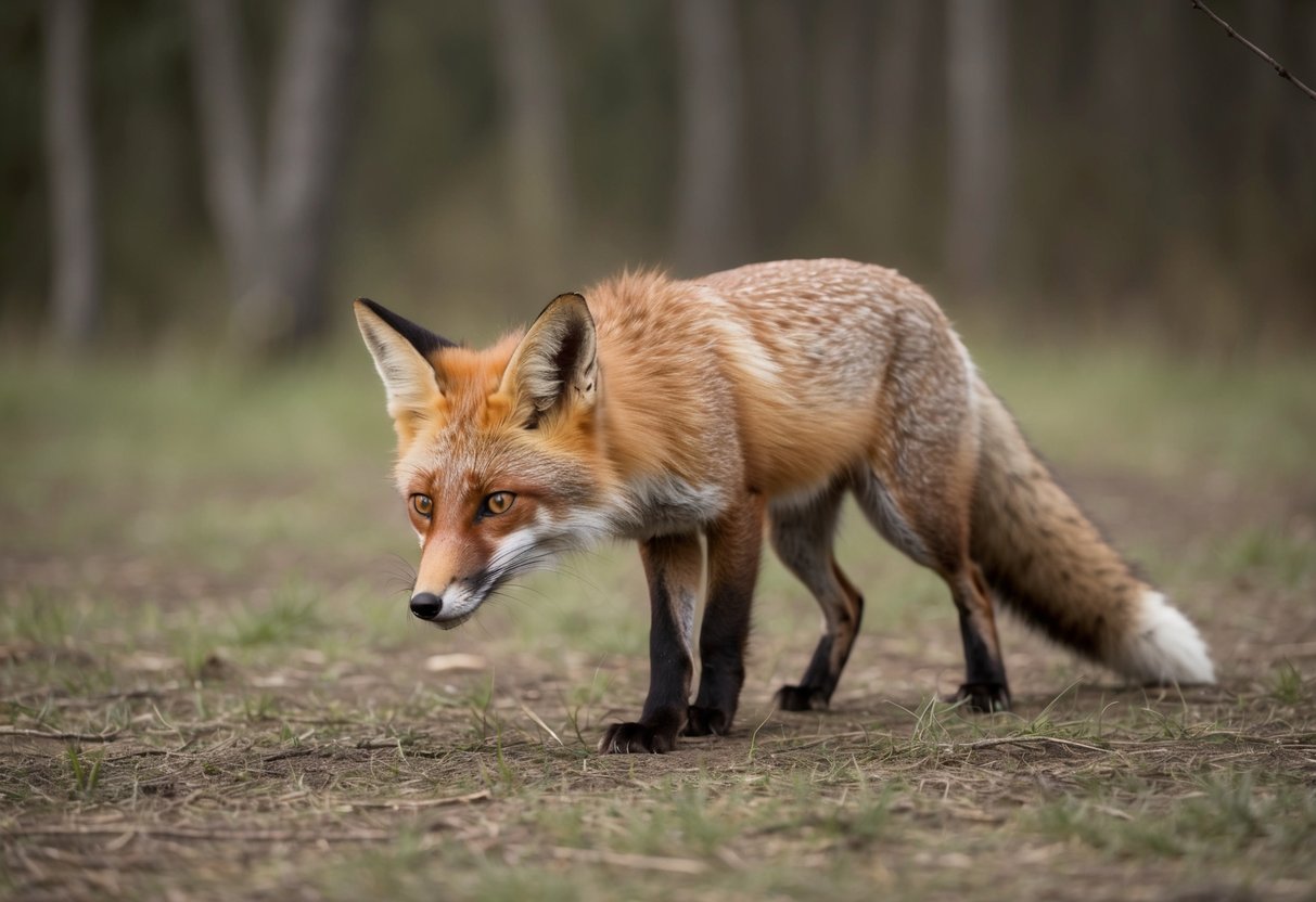 A fox cautiously approaches a forest clearing, ears perked and eyes alert, as it sniffs the air and scans its surroundings for potential prey or danger