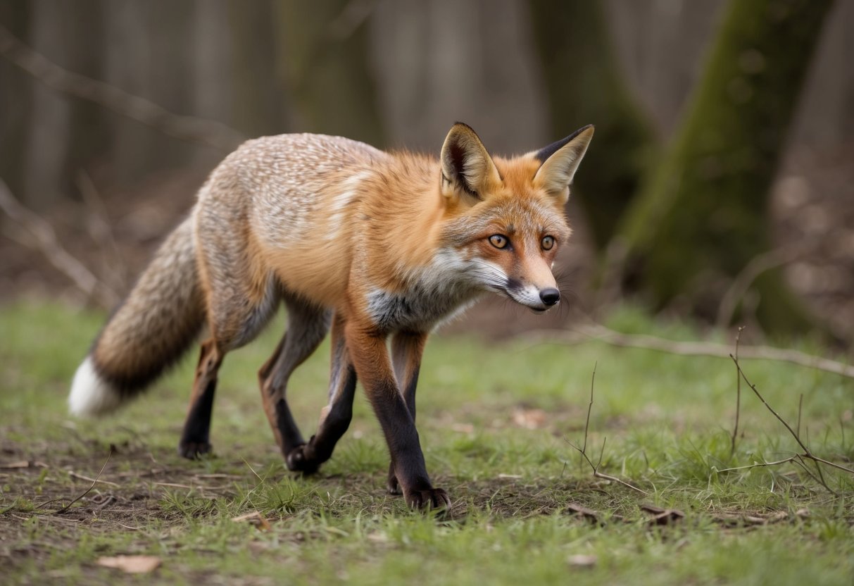 A fox cautiously approaches a wooded area, its ears perked and eyes alert