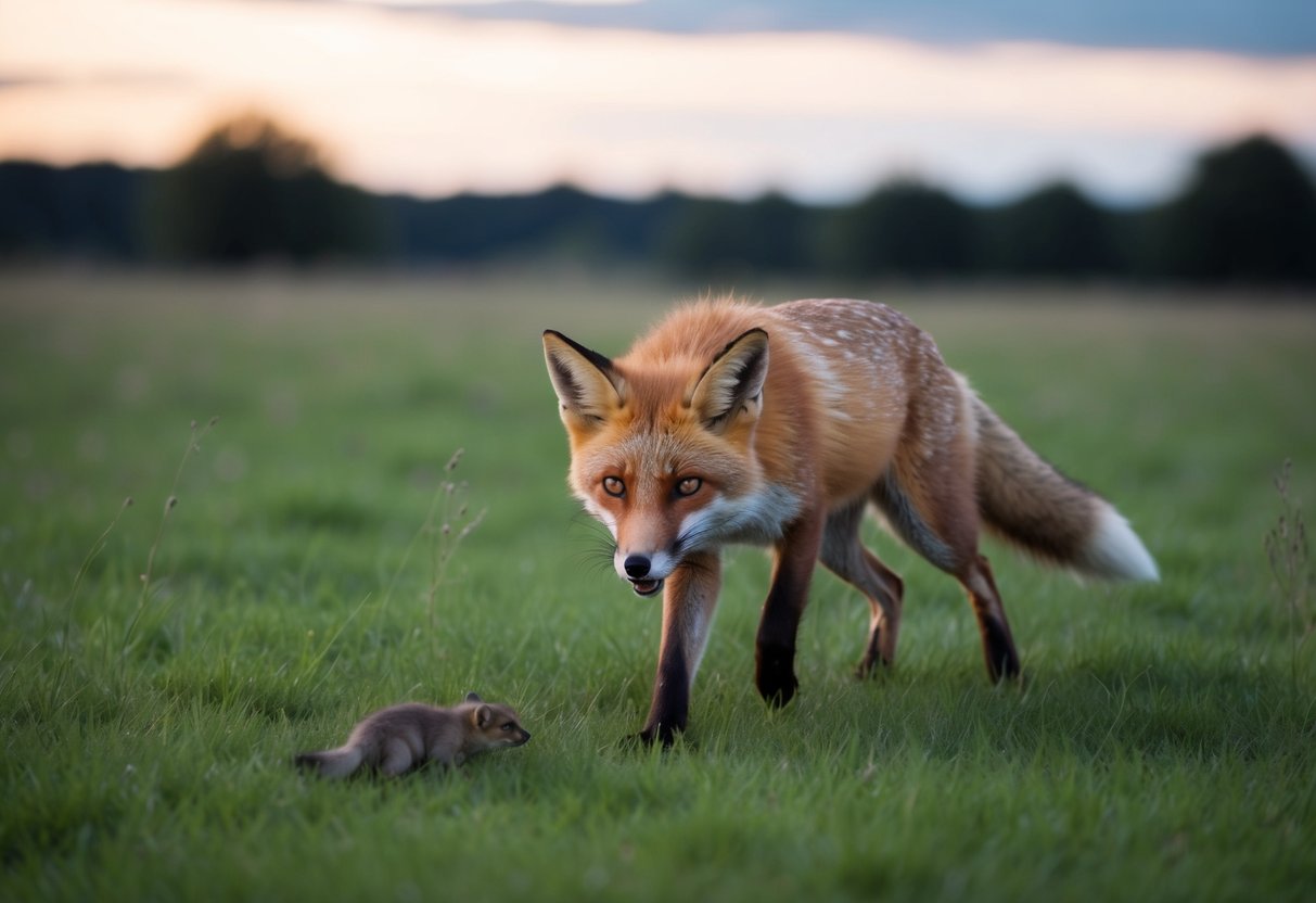 A fox hunting for its favorite food, a small rodent, in a grassy meadow at dusk