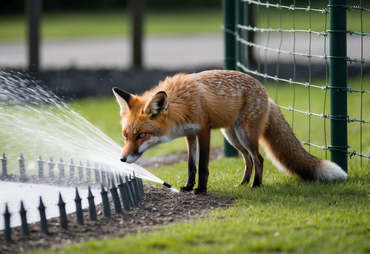 A fox cowers near a fence topped with sharp spikes. A motion-activated sprinkler system sprays water, deterring the fox from approaching
