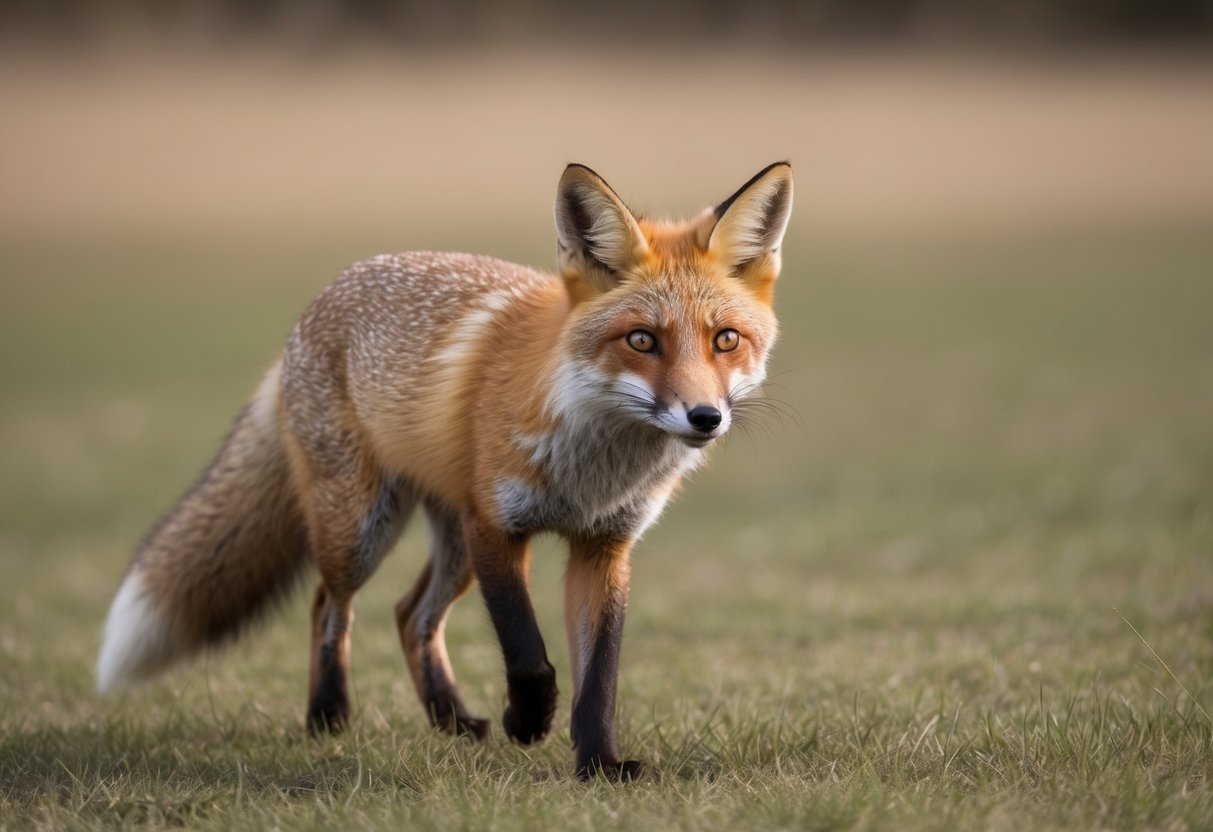 A fox cautiously approaches, ears alert and eyes fixed