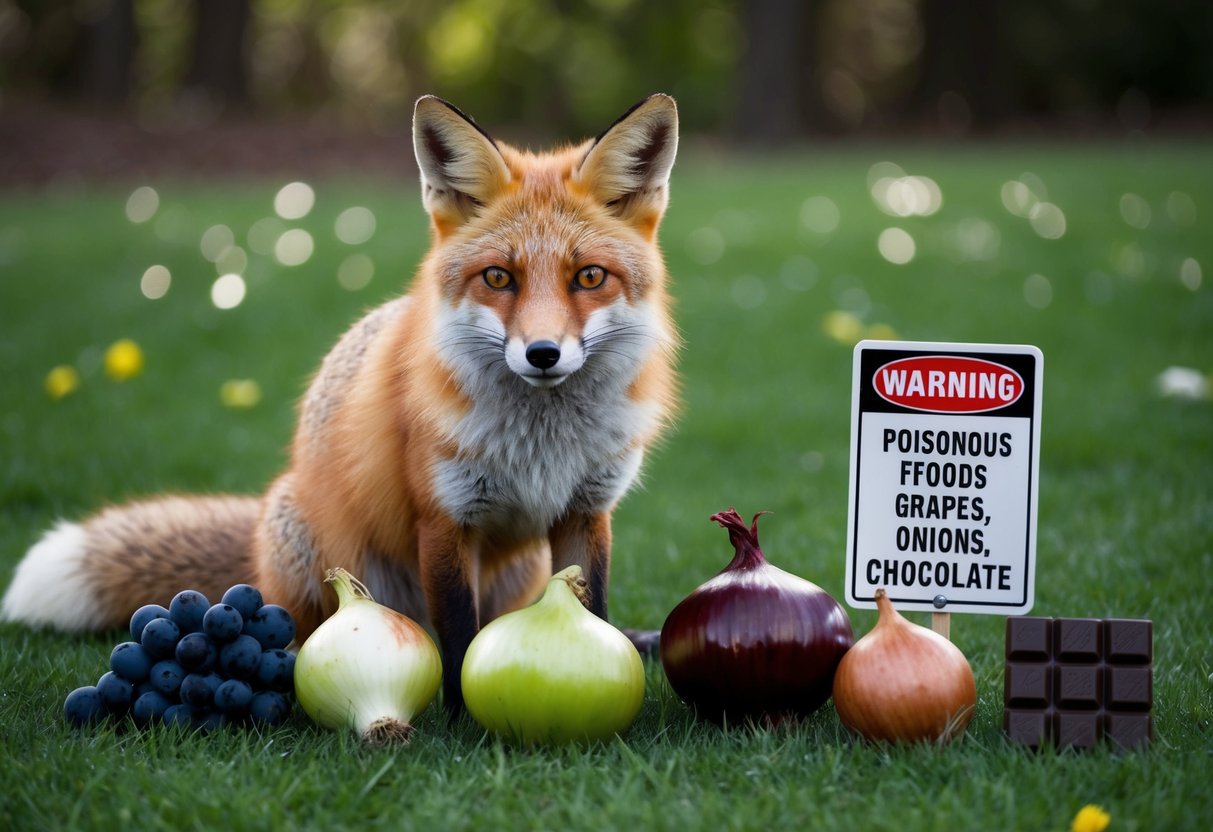 A fox surrounded by various poisonous foods, such as grapes, onions, and chocolate, with a warning sign nearby