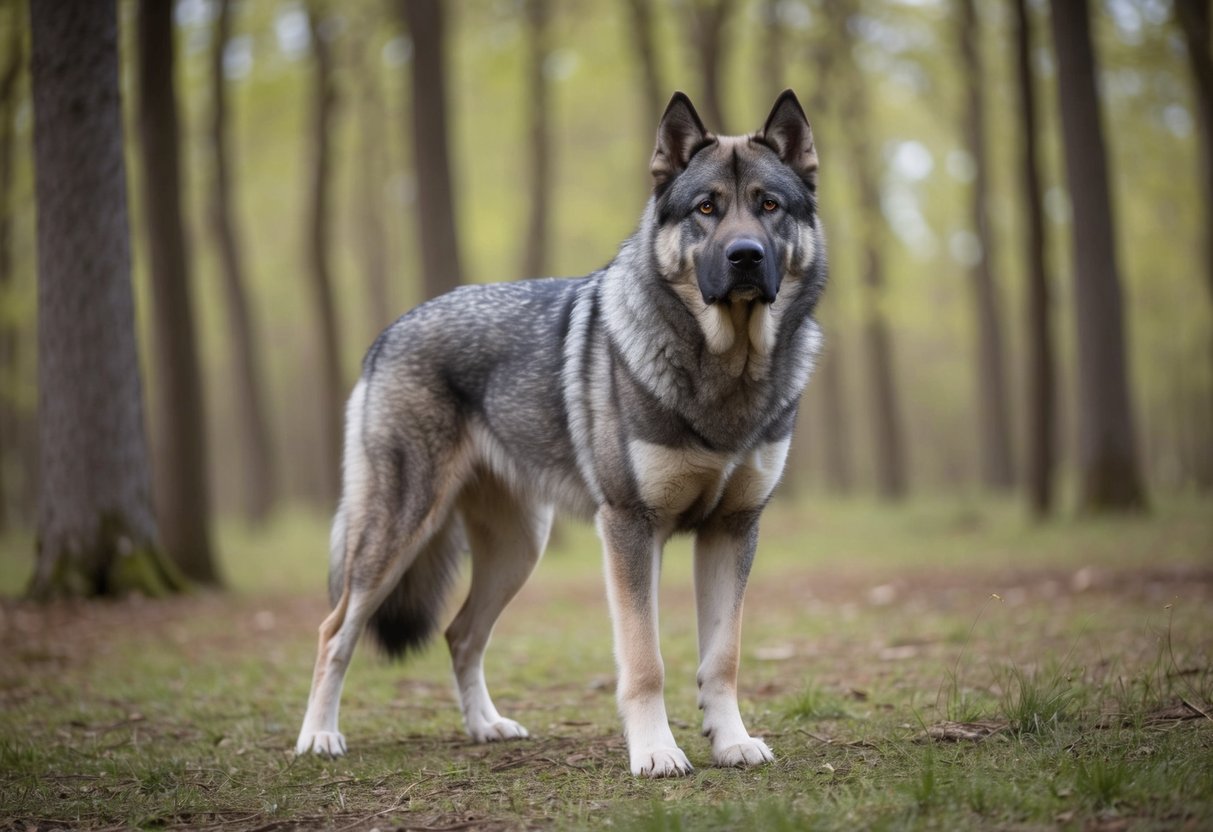 A large, sleek, and powerful dog with a thick grey coat and piercing yellow eyes stands in a forest, resembling a wolf in appearance