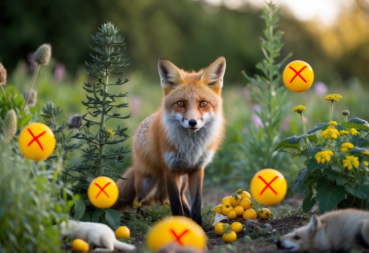 A fox surrounded by various plants and animals, with poisonous foods marked with a red "X"