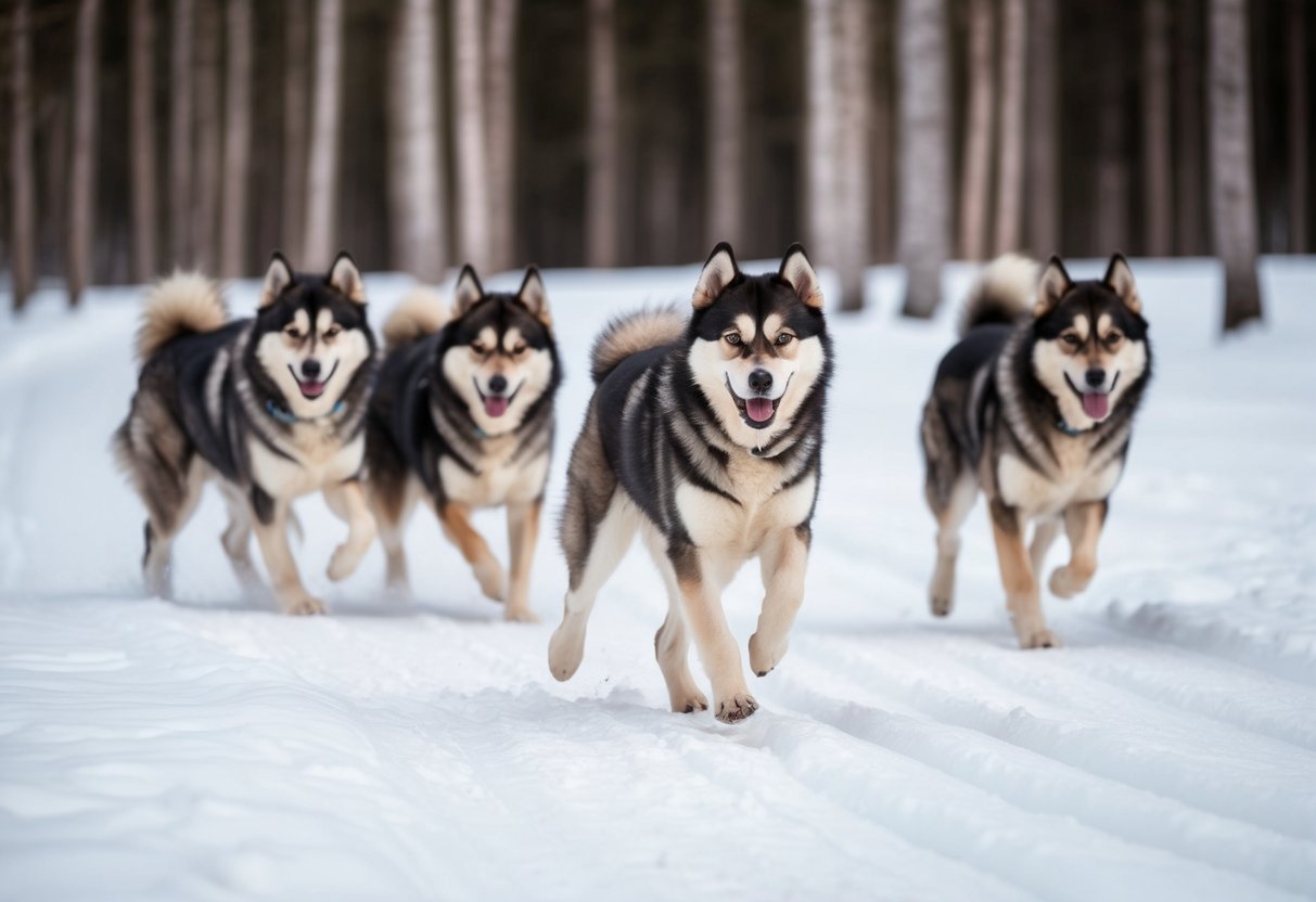 A pack of Alaskan Malamutes running through a snowy forest