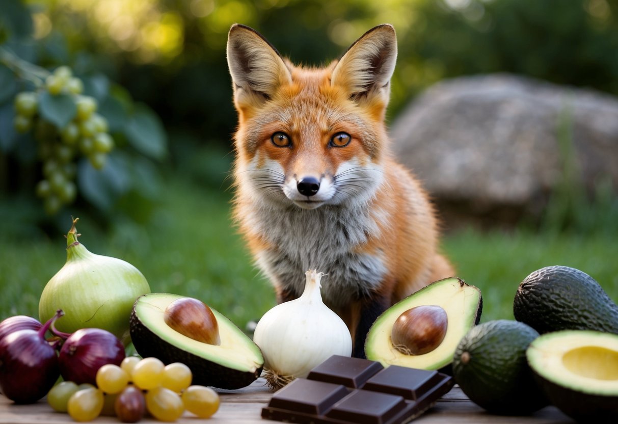 A fox surrounded by grapes, onions, chocolate, and avocados, all toxic to foxes