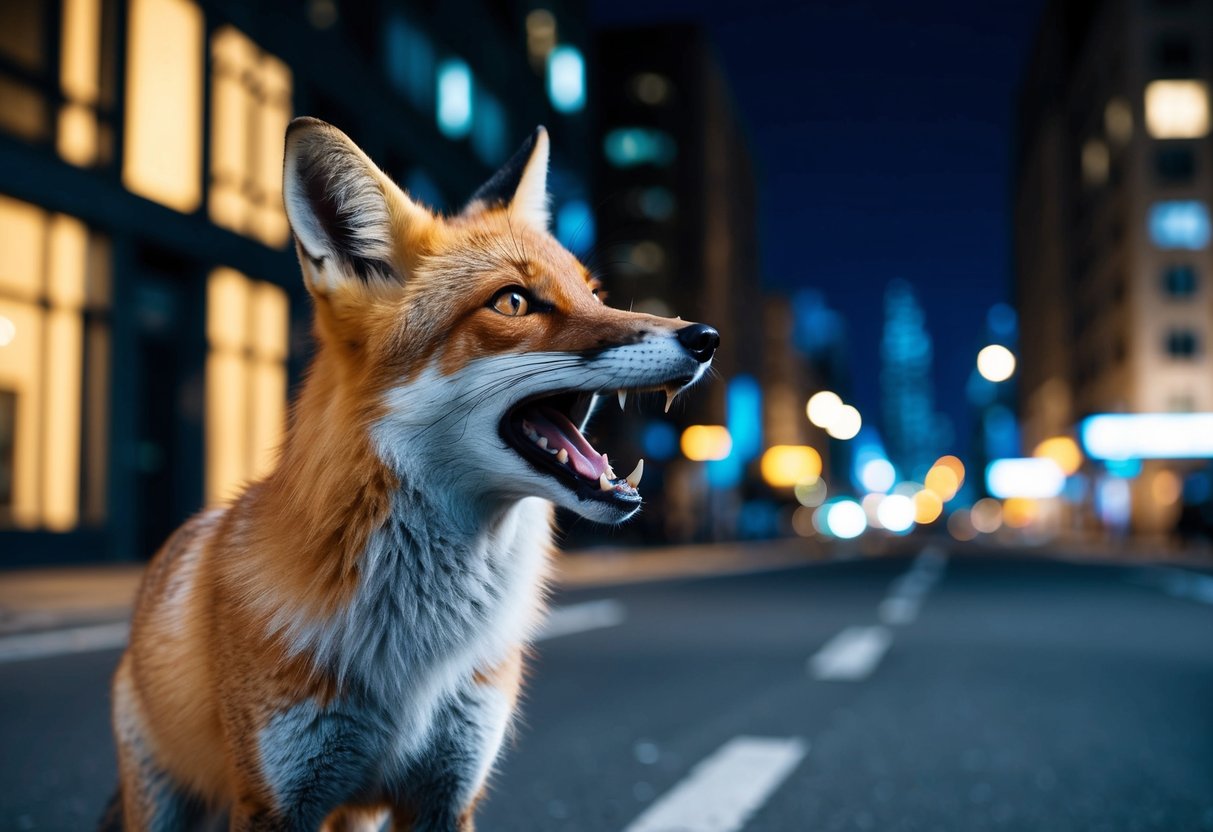 A fox stands on a city street at night, its mouth open in a silent scream as it looks up at the buildings