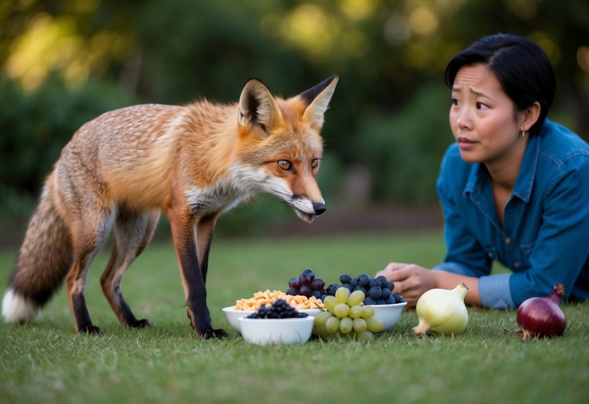 A fox cautiously sniffs at various foods, avoiding toxic items like grapes and onions, while a person watches nearby with a concerned expression