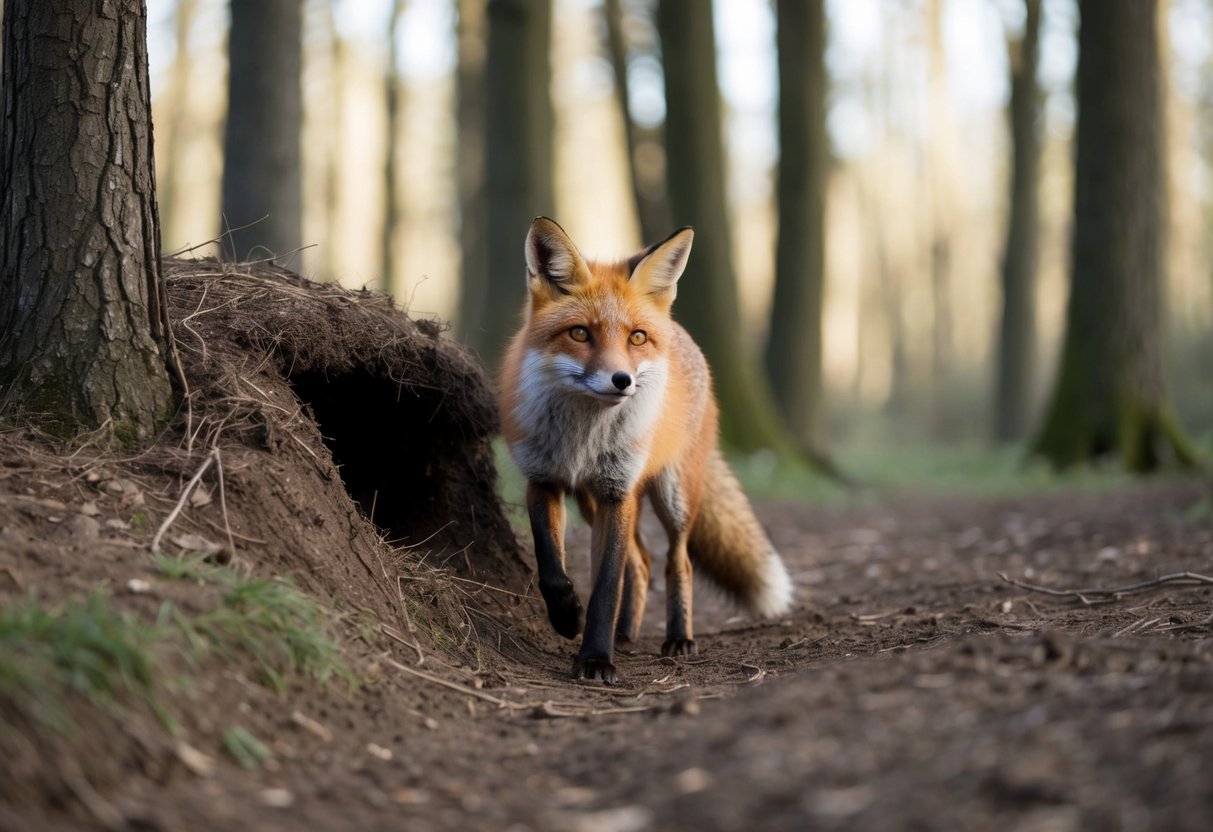 A fox emerges from a burrow in a wooded area, looking back at the den before trotting off into the surrounding forest
