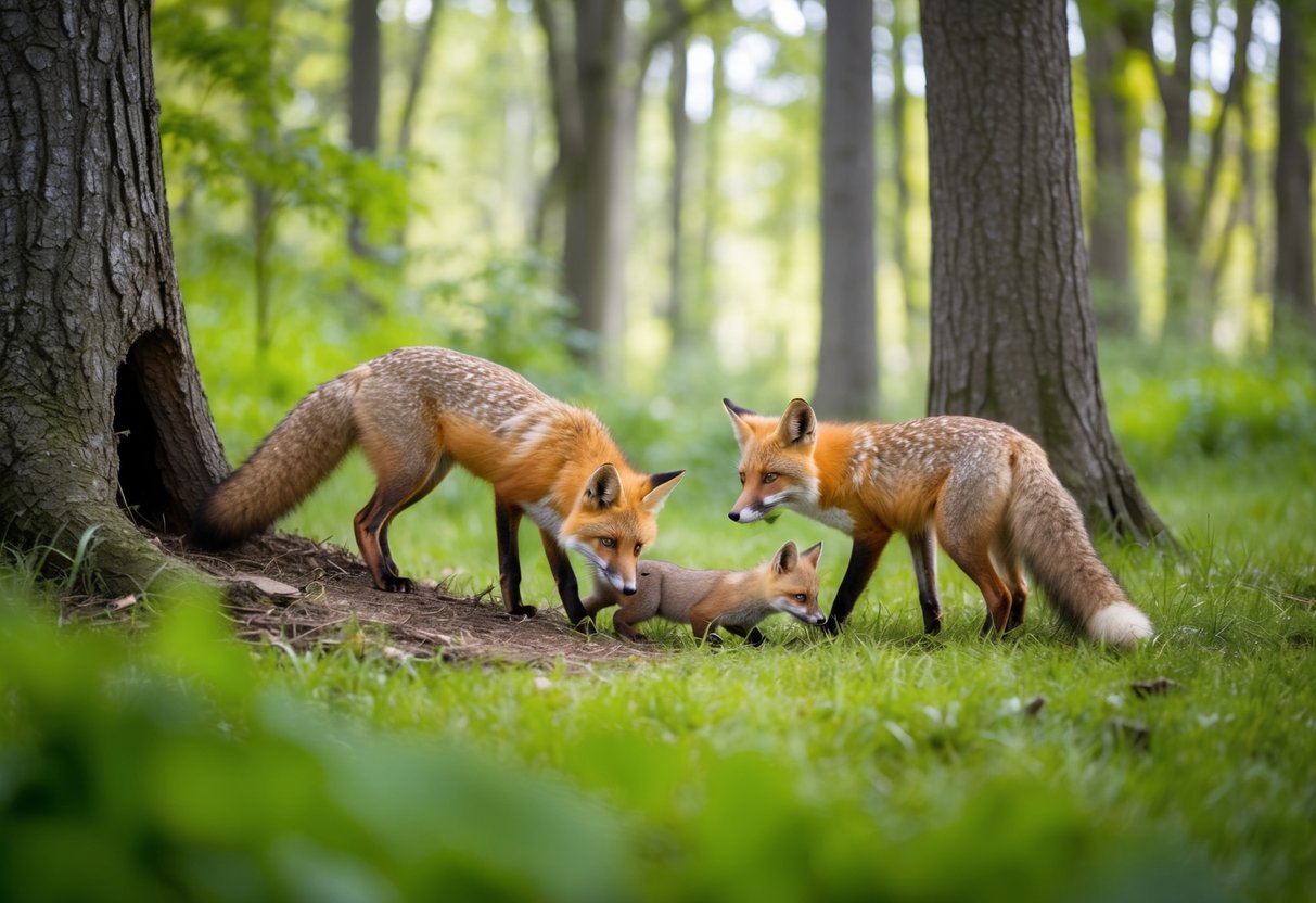 A family of foxes returns to their den in a lush forest clearing, surrounded by tall trees and vibrant foliage