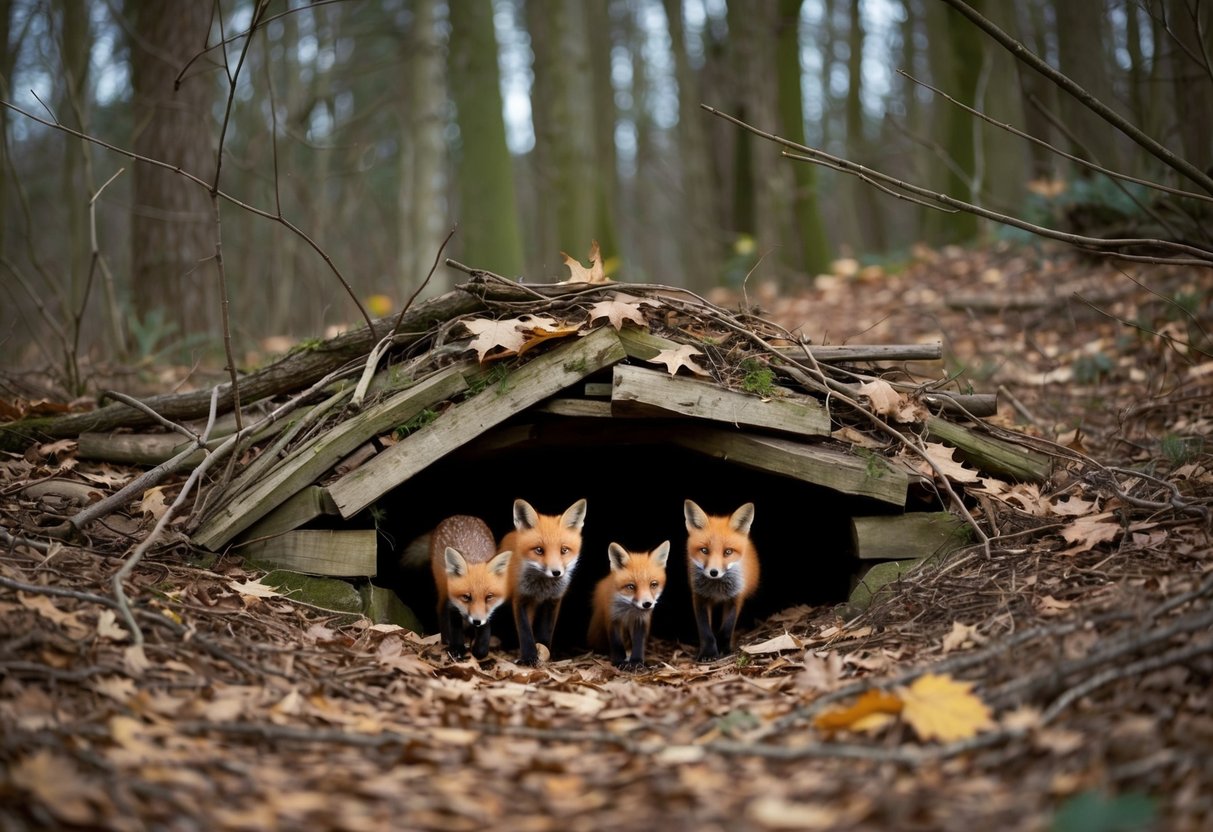 A cozy den nestled in a wooded area, surrounded by fallen leaves and twigs. A family of foxes emerges, returning to their familiar home