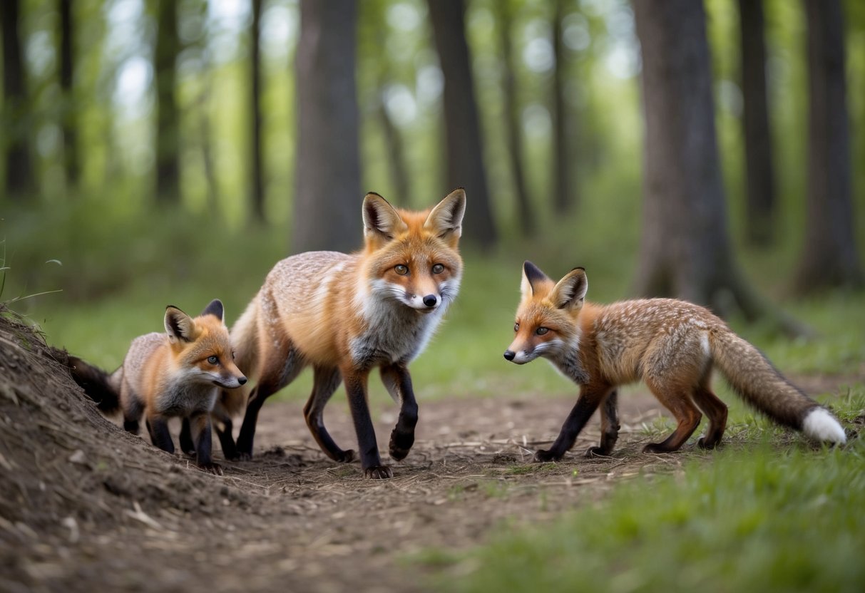 A fox family emerges from a burrow in a forest clearing, with the mother leading her kits out to explore their surroundings