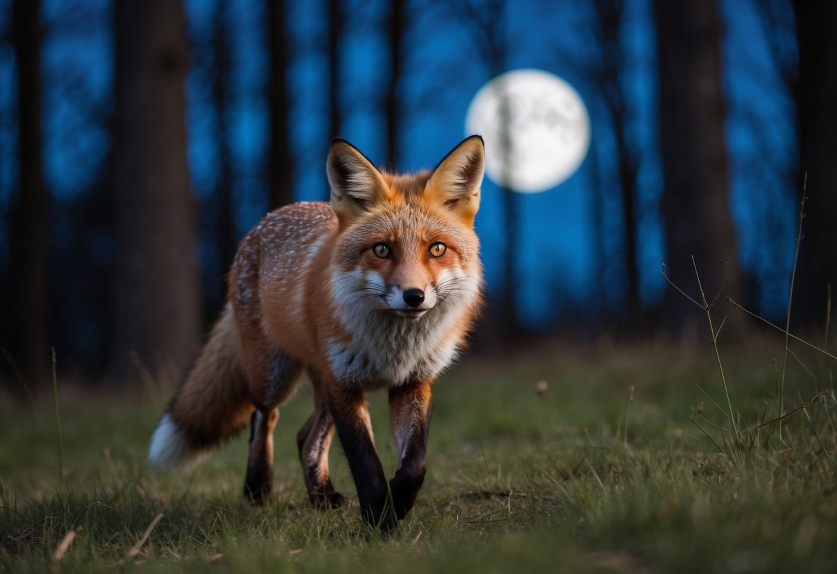 A fox prowls through a moonlit forest, its sharp eyes scanning for prey