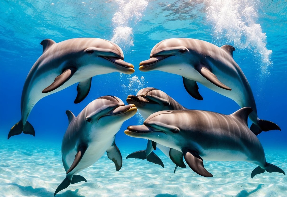 A group of dolphins solving a complex puzzle together underwater