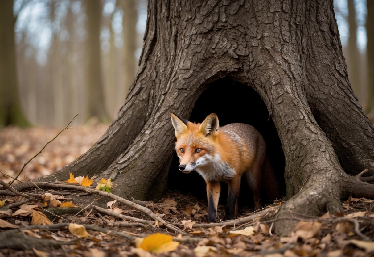 A fox cautiously returns to its den, nestled in the roots of a large tree, surrounded by fallen leaves and twigs