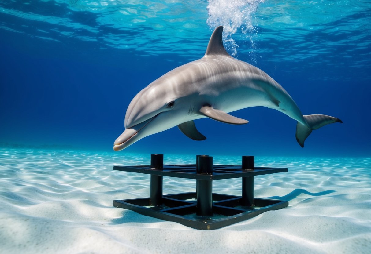 A dolphin solving a complex puzzle underwater