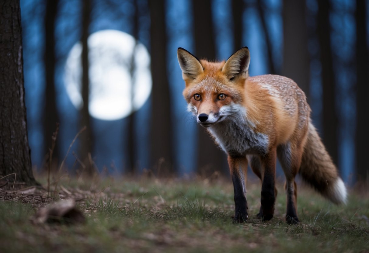 A fox prowls through a moonlit forest, its sharp eyes fixed on potential prey