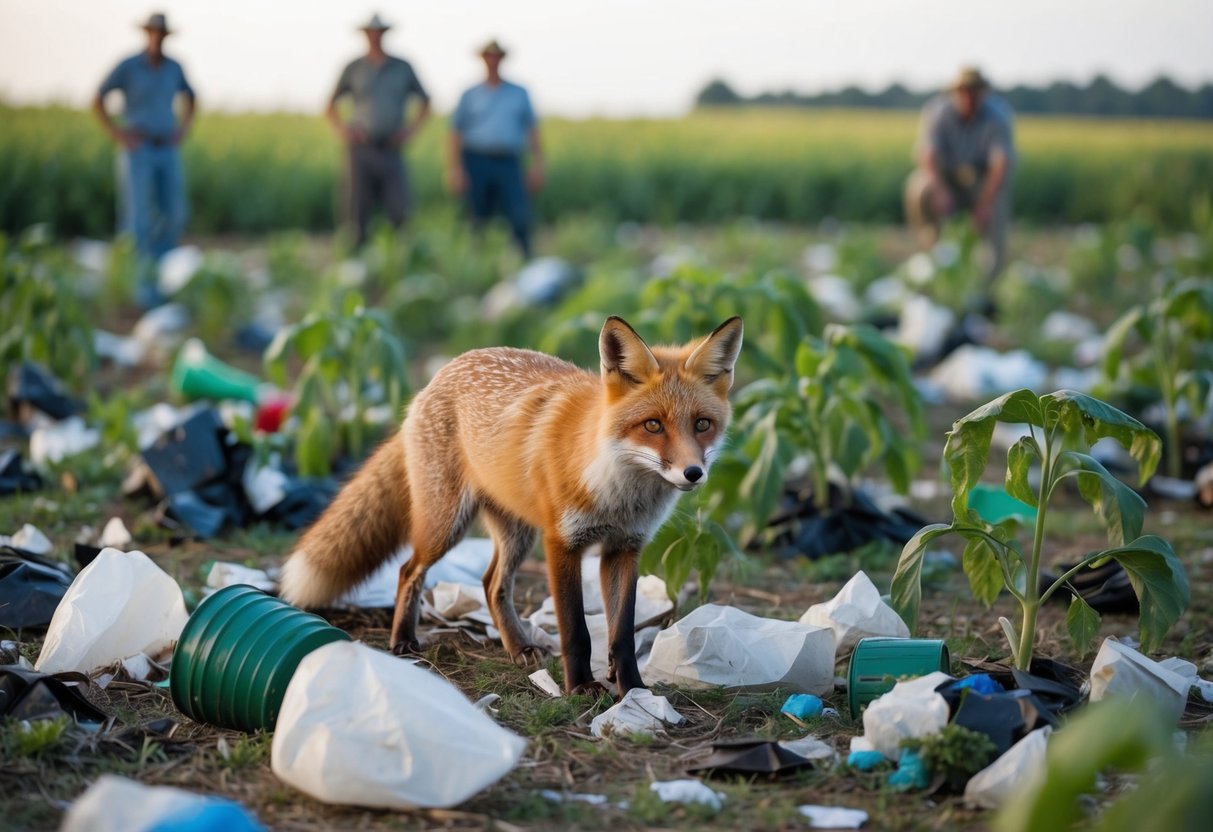 A fox surrounded by scattered trash and damaged crops, with concerned farmers in the background
