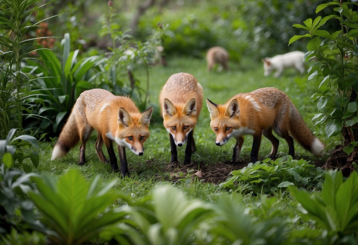 A group of foxes foraging in a lush, diverse ecosystem, surrounded by various plants and animals