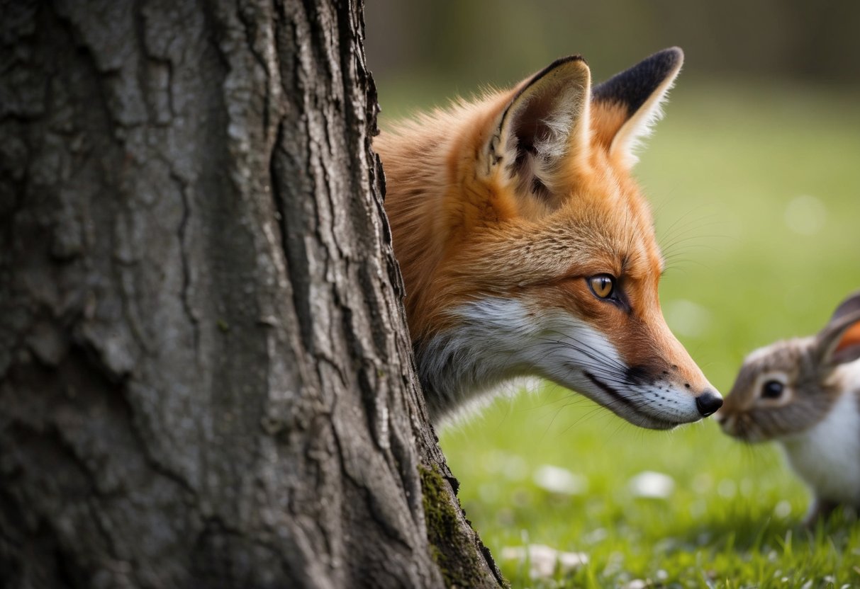 A fox peeks around a tree, eyes narrowed with a mischievous glint, as it watches a rabbit unaware of its presence