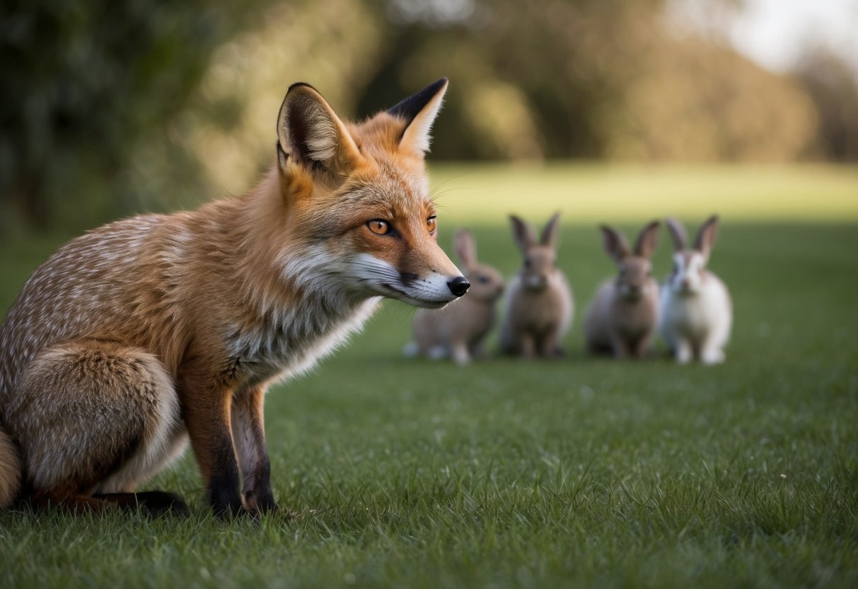 A fox crouches low in the shadows, eyes narrowed and ears perked, as it watches a group of unsuspecting rabbits from a distance