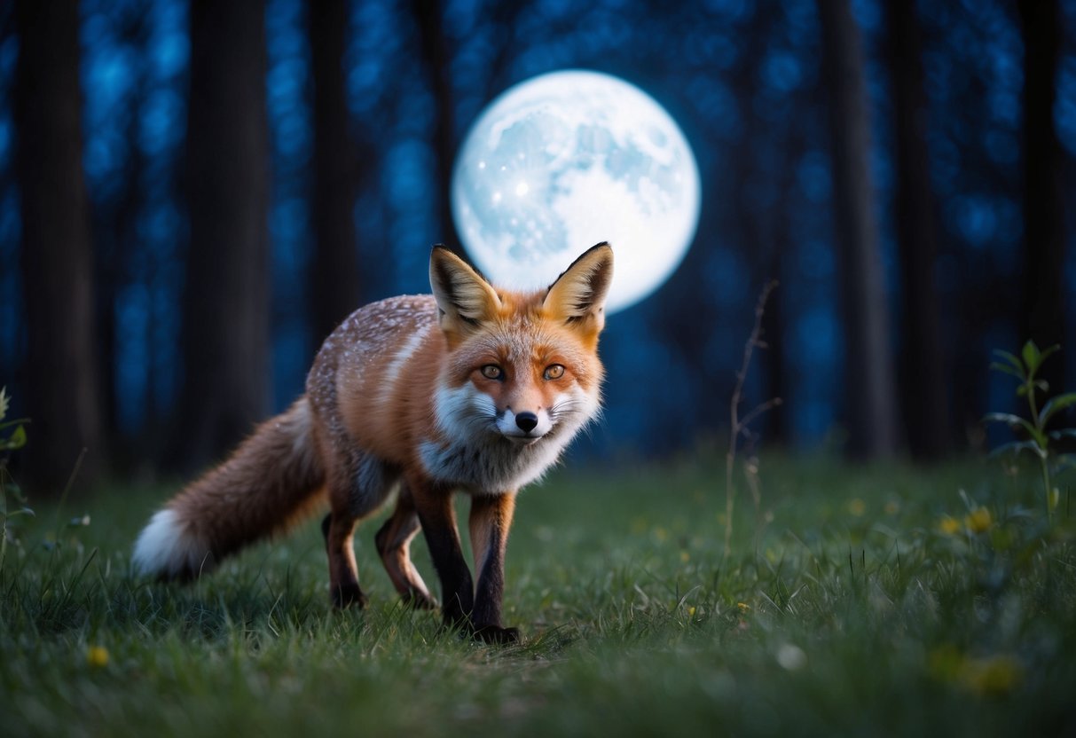 A fox sneaks through a moonlit forest, its eyes glinting with mischief as it watches from the shadows