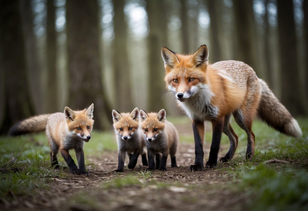 A fox mother leads her playful kits through a dense forest, demonstrating their intelligence and cunning nature