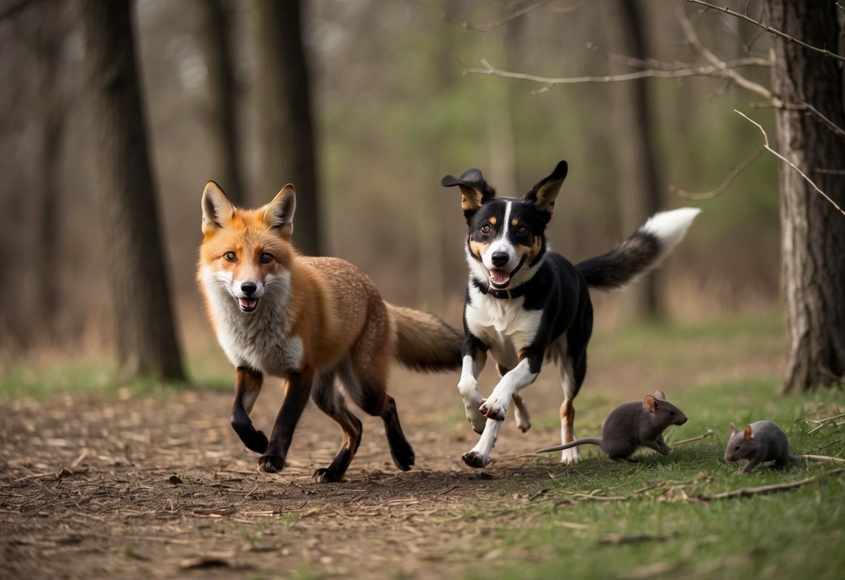 A fox and a dog playfully chase each other through a wooded area, while a rat scurries nearby