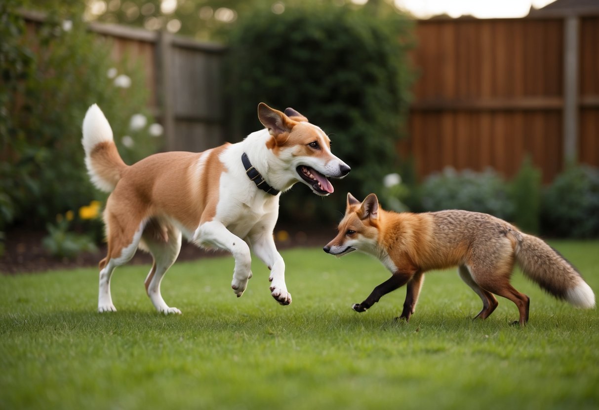A dog chases a fox away from a garden