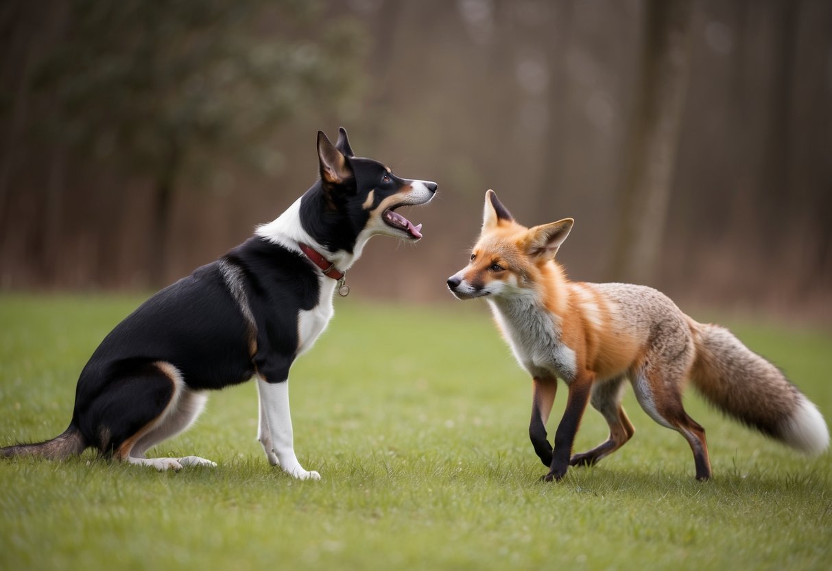 A dog barking at a fox, causing the fox to cower and run away