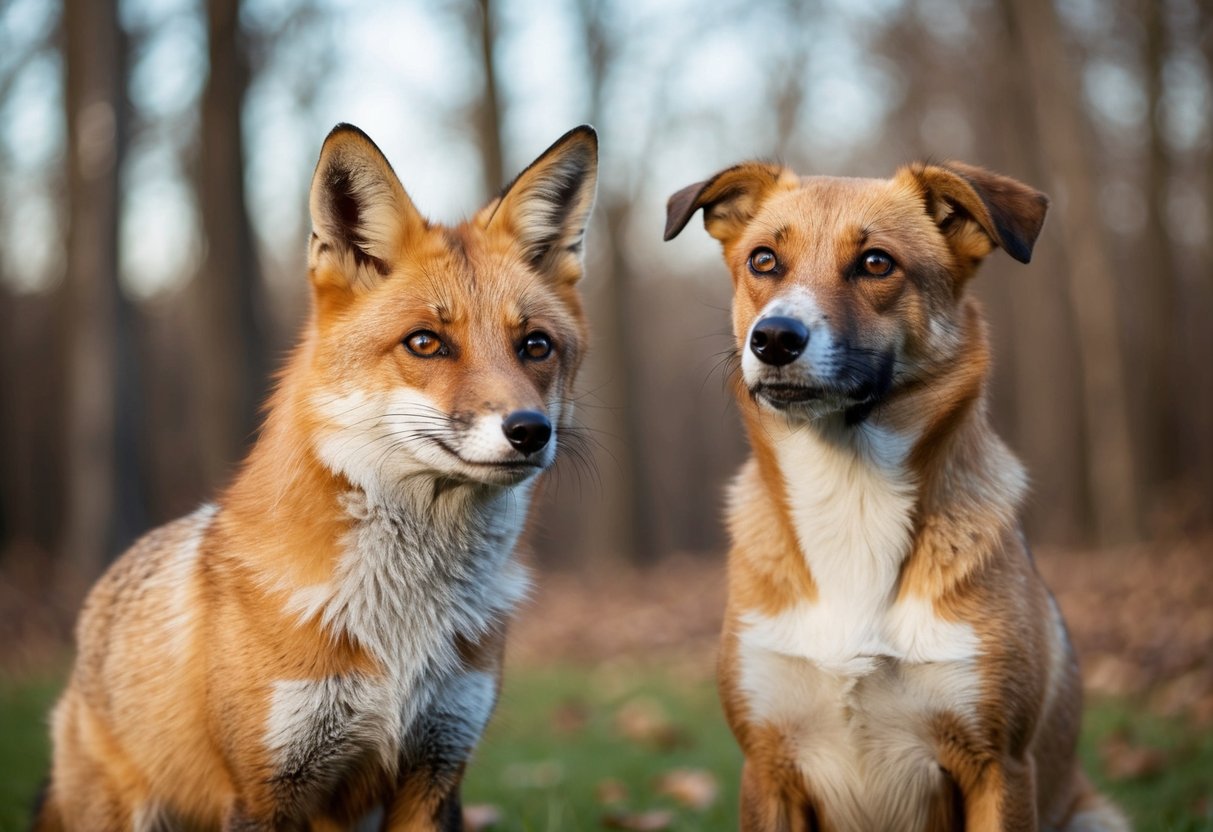 A fox and a dog stand side by side, looking at each other with curious expressions. The fox's sharp features contrast with the dog's friendly demeanor