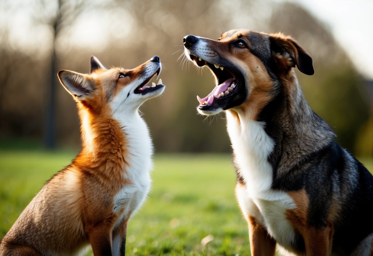 A dog barking fiercely at a fox, standing tall with fur raised