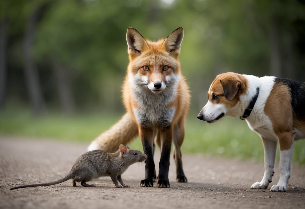 A fox stands between a rat and a dog, observing both with a curious expression. The rat scurries away while the dog watches the fox intently