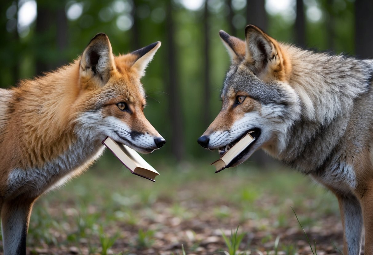A fox and a wolf face off in a forest clearing, each holding a book in their jaws. The fox's eyes gleam with cunning while the wolf's gaze is intense and focused